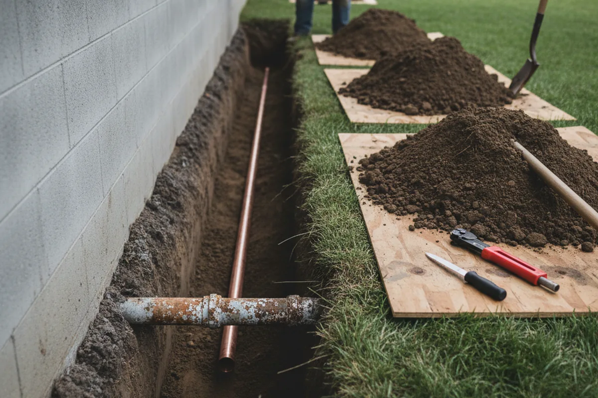 Excavated water line trench during Water Softener Installation in Hugo